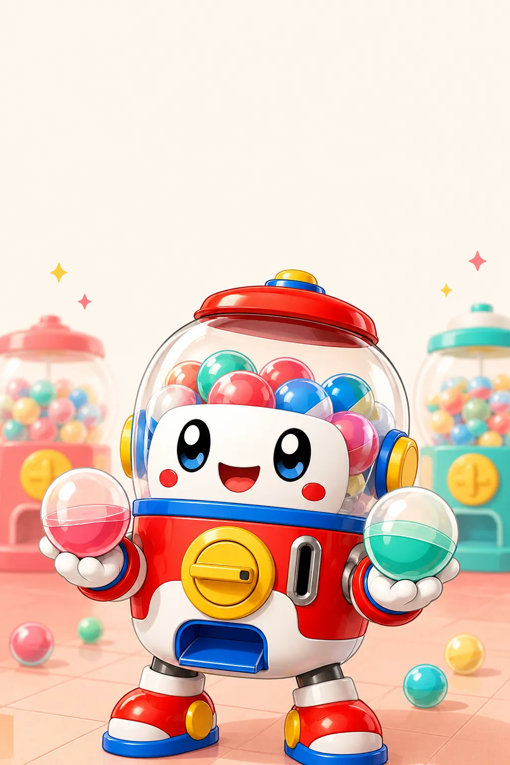 カプセルを両手に持つガチャガチャ新作速報のマスコット