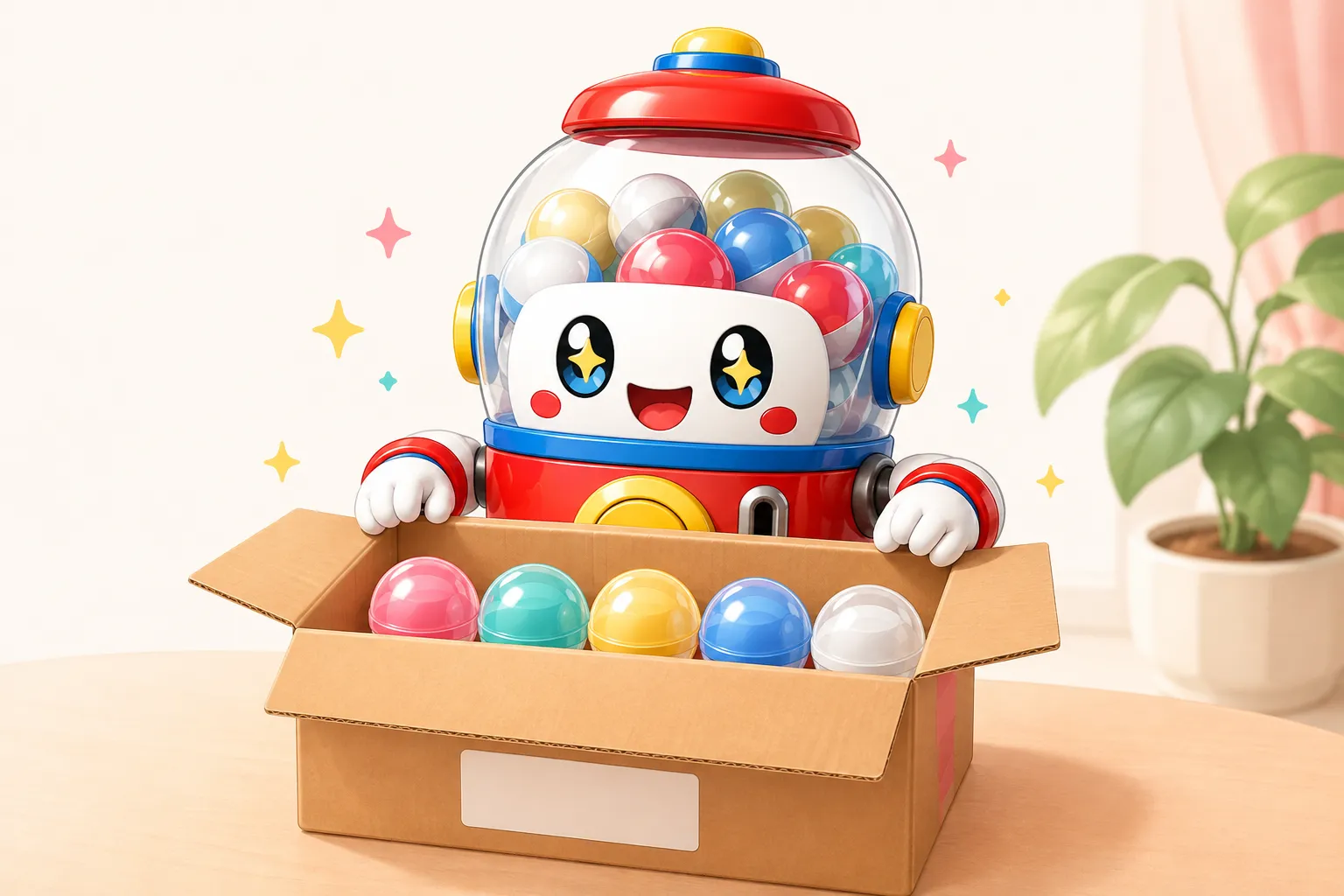 通販の箱に並んだカプセルを覗き込むマスコット